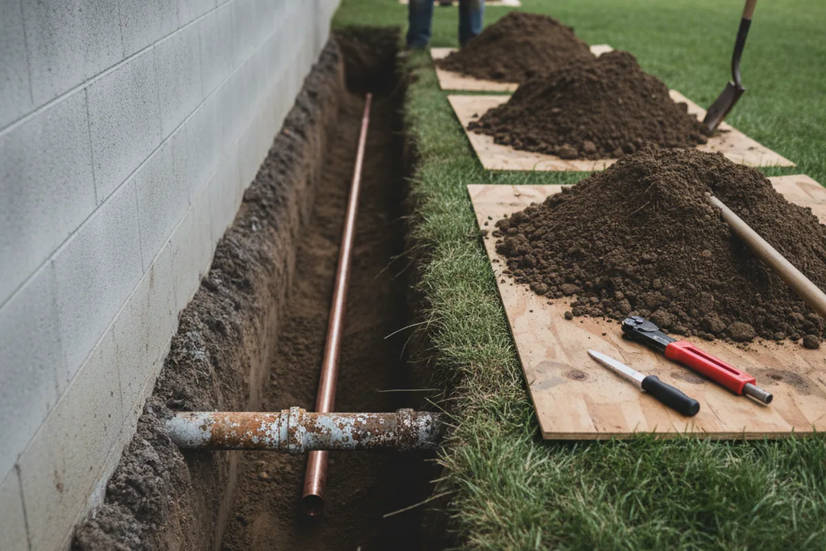 Excavated water line trench during Water Heater Repair in Junction City